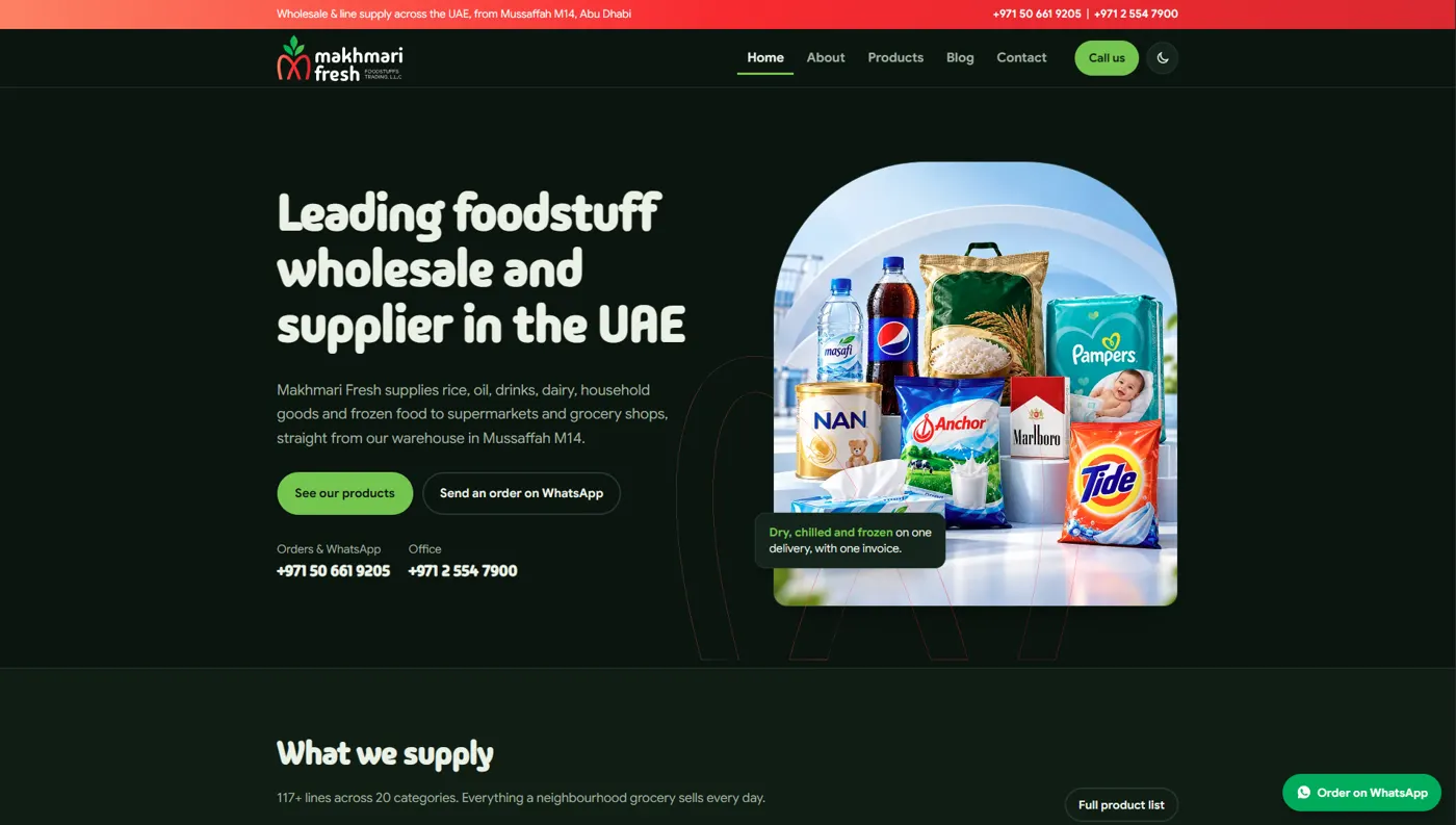 Makhmari Fresh website home page, built by ZainCo Intelligent Studio