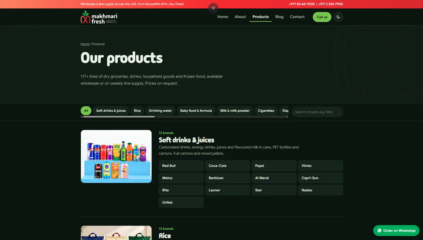 Makhmari Fresh products page with category filters