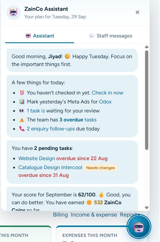 ZainCo Assistant chat panel showing a daily plan, pending tasks and the monthly score
