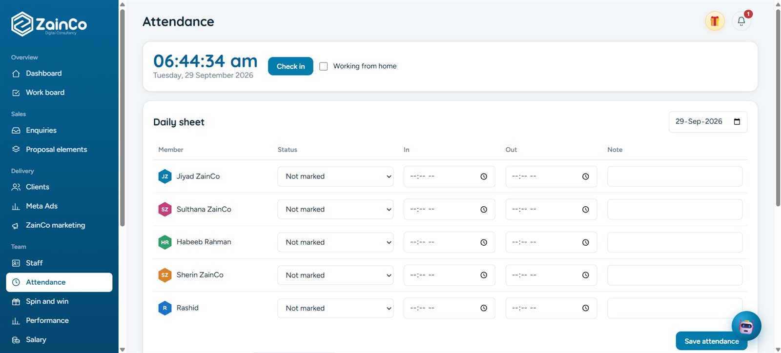 Attendance page with check-in and daily sheet