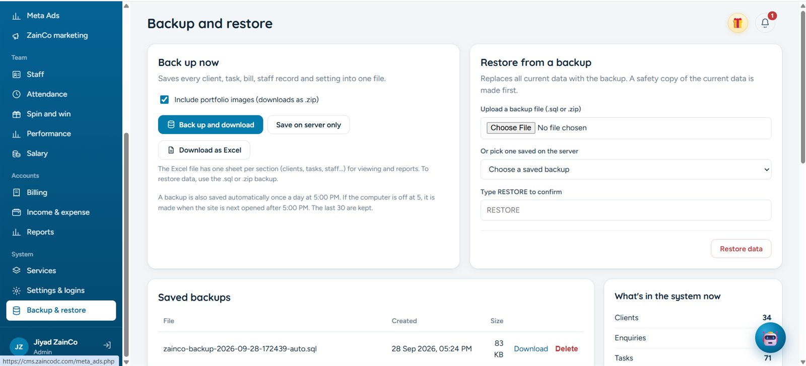 Backup and restore page with backup, Excel export, restore and saved backups list