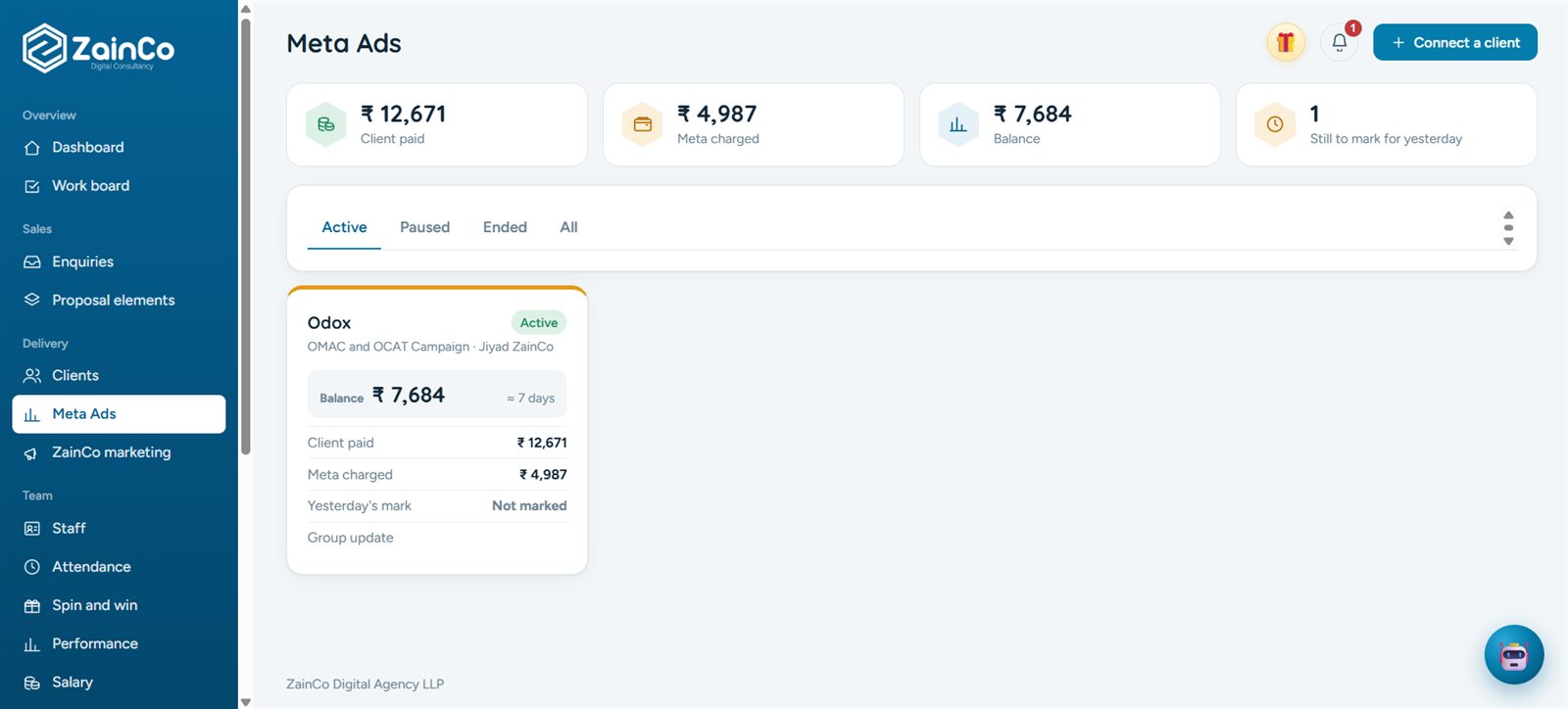 Meta Ads page with client paid, Meta charged and balance