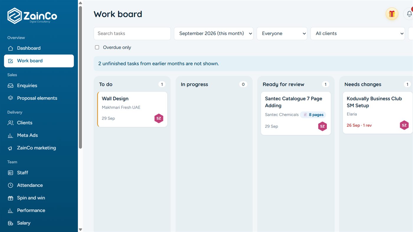 ZainCo Operations Management System work board