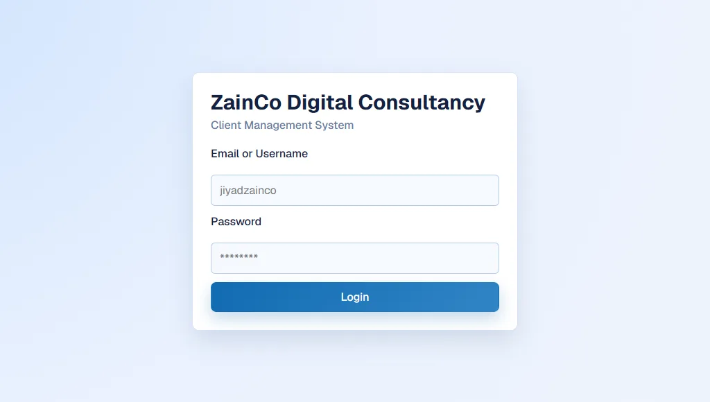 ZainCo client management system login page